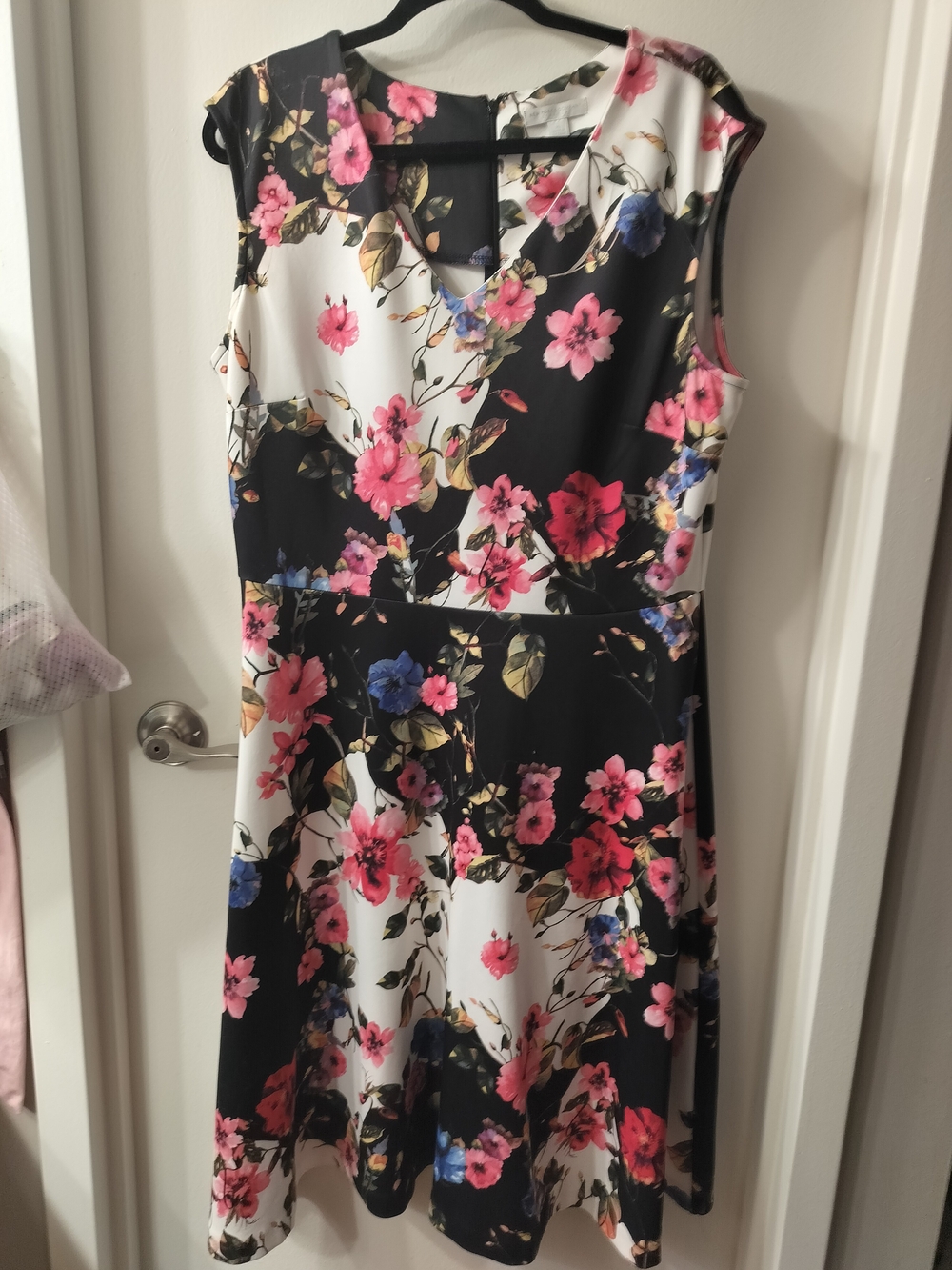 New York & Company Black and White Floral Dress with Pink and Blue Blooms